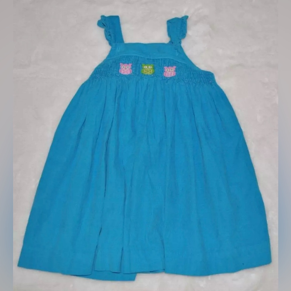 LITTLE ENGLISH Turquoise Blue Corduroy Smocked Embroidered Owl Dress 5 Girls